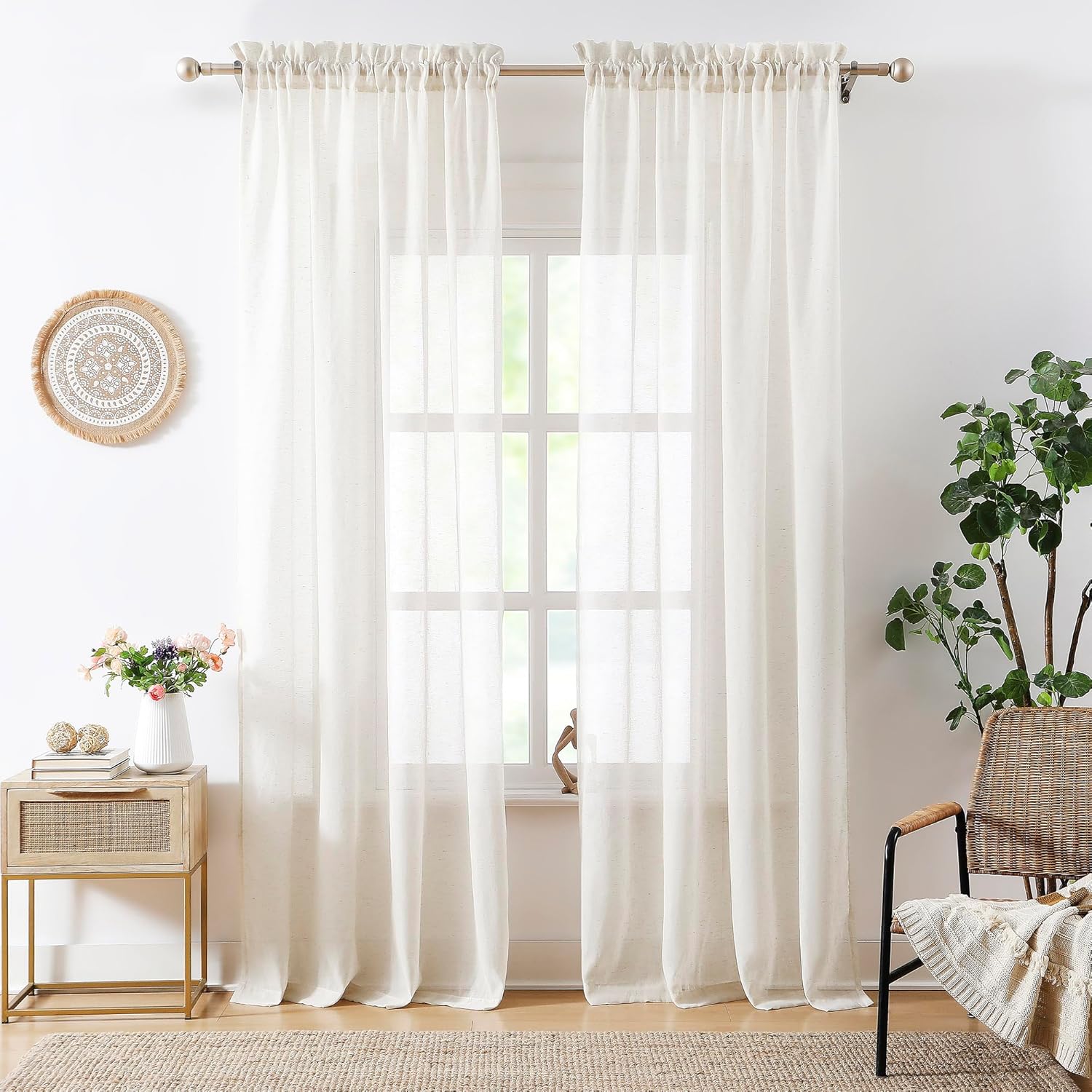 Cream White Flax Sheer Curtains for Living Room 108inch