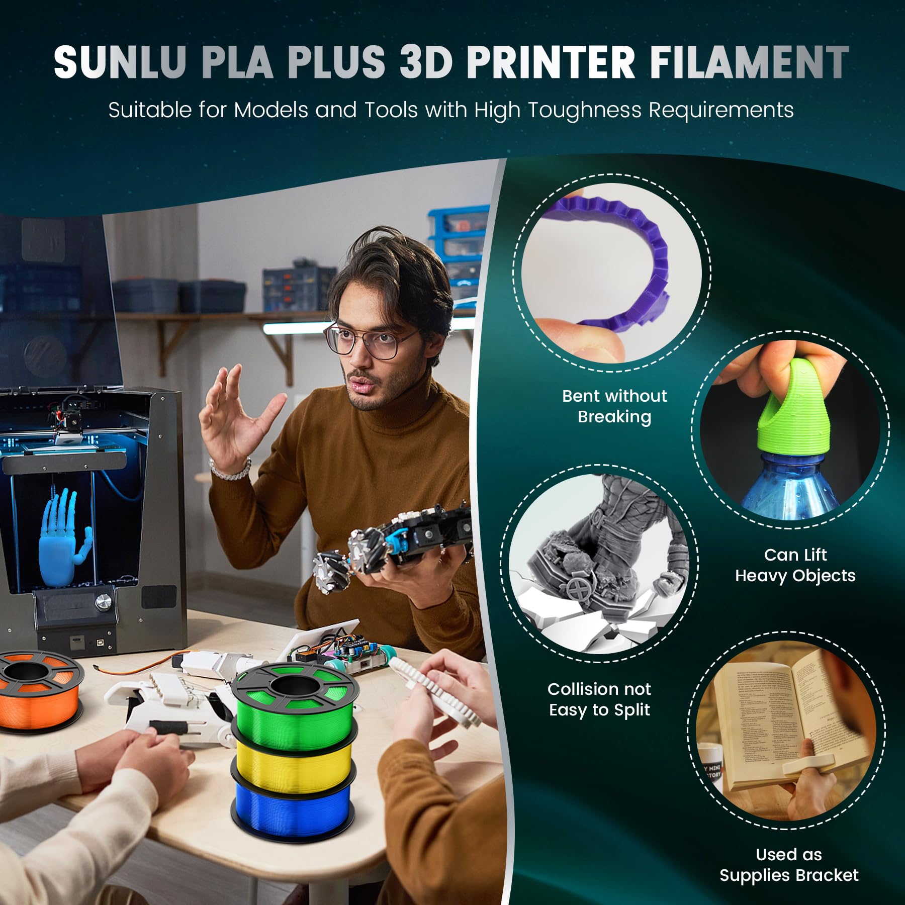 SUNLU PLA Plus filamento per stampante 3D, Filamento PLA+ 1.75 mm, Resistenza migliorata Compatibile con stampanti 3D, Precisione dimensionale +/- 0.02mm, Bobina da 1kg (2,2LBS), Giallo Trasparente