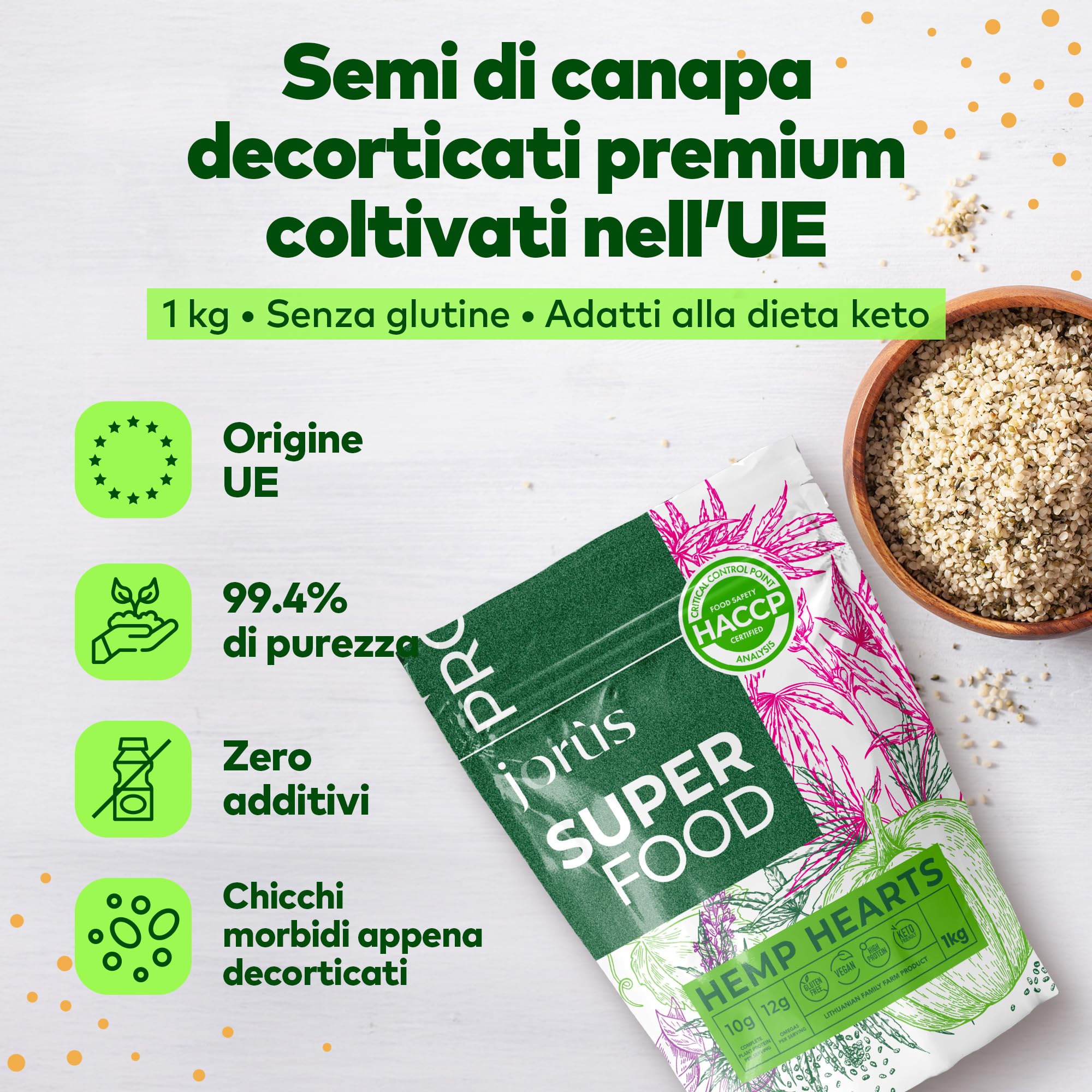 Jorus Semi di Canapa Decorticati 500 g – 100% Naturali, Ricchi di Proteine e Omega 3 e 6, Senza Glutine, Vegetariano