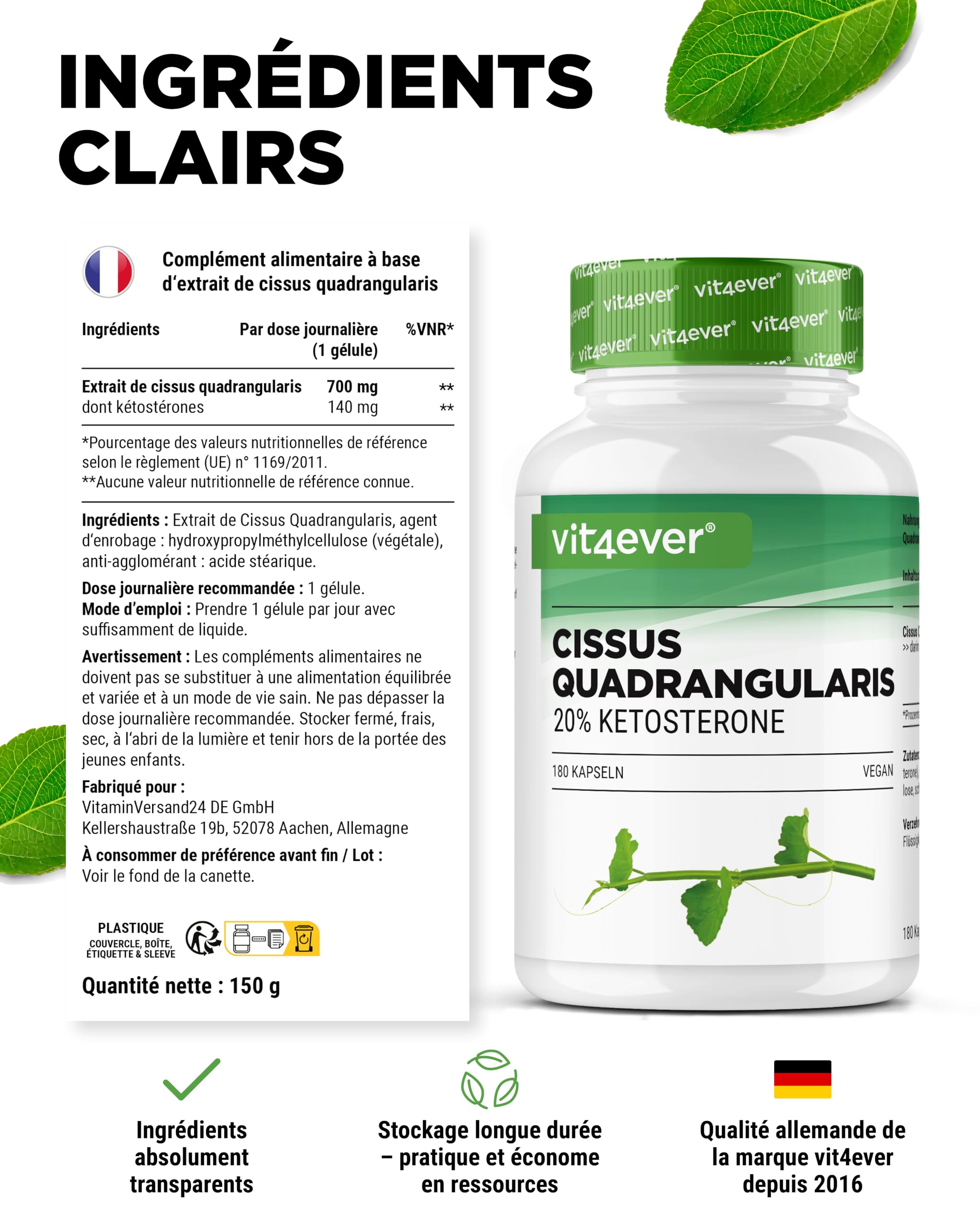 vit4ever Cissus Quadrangularis - 180 Gélules avec 700 mg d’Extrait - Premium : 20% de Cétostérones - Forte Dose - Végan