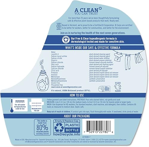 Miniatura 3 de Seventh Generation 44724 Detergente líquido natural para ropa, libre y transparente, 66 cargas, botella de 100 onzas (caja de 4)