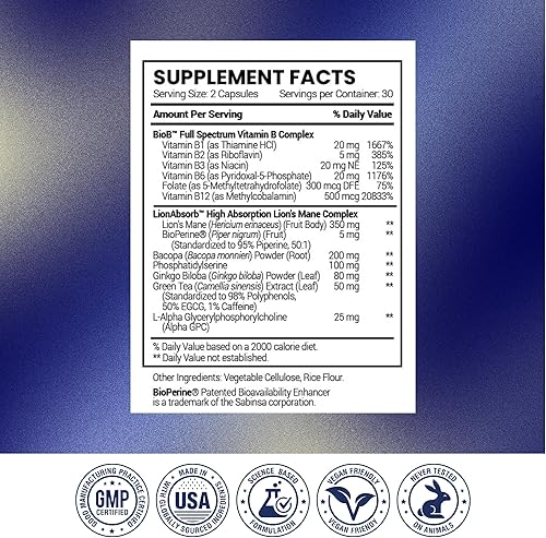 Miniatura 7 de Research Verified Refuerzo de memoria - Suplemento nootrópico - Mejora la cognición y la memoria - Melena de león, ginkgo biloba, bioPerine -