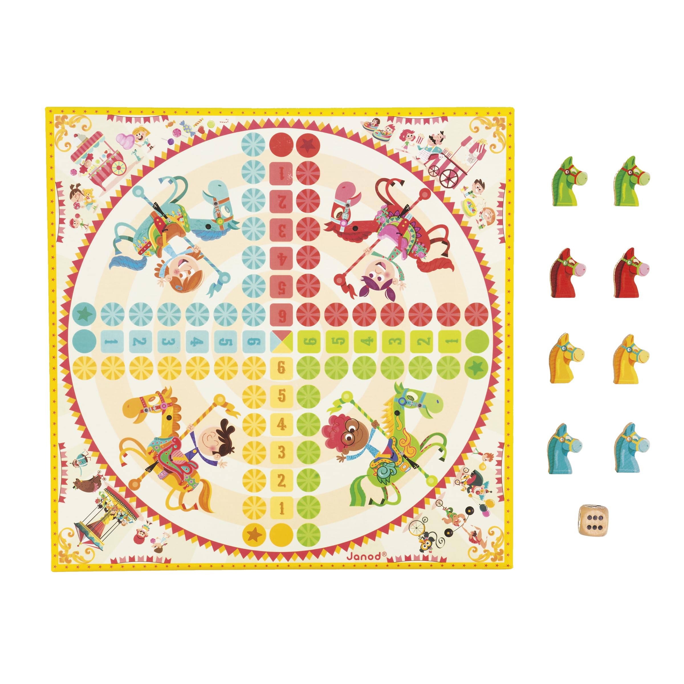 Janod - Coffret Multi-Jeux Carrousel - Jeux de Société Classiques - Dames, Petits Chevaux, Nain Jaune, 7 Familles, Jeu de l'oie - Dès 5 Ans, J02742