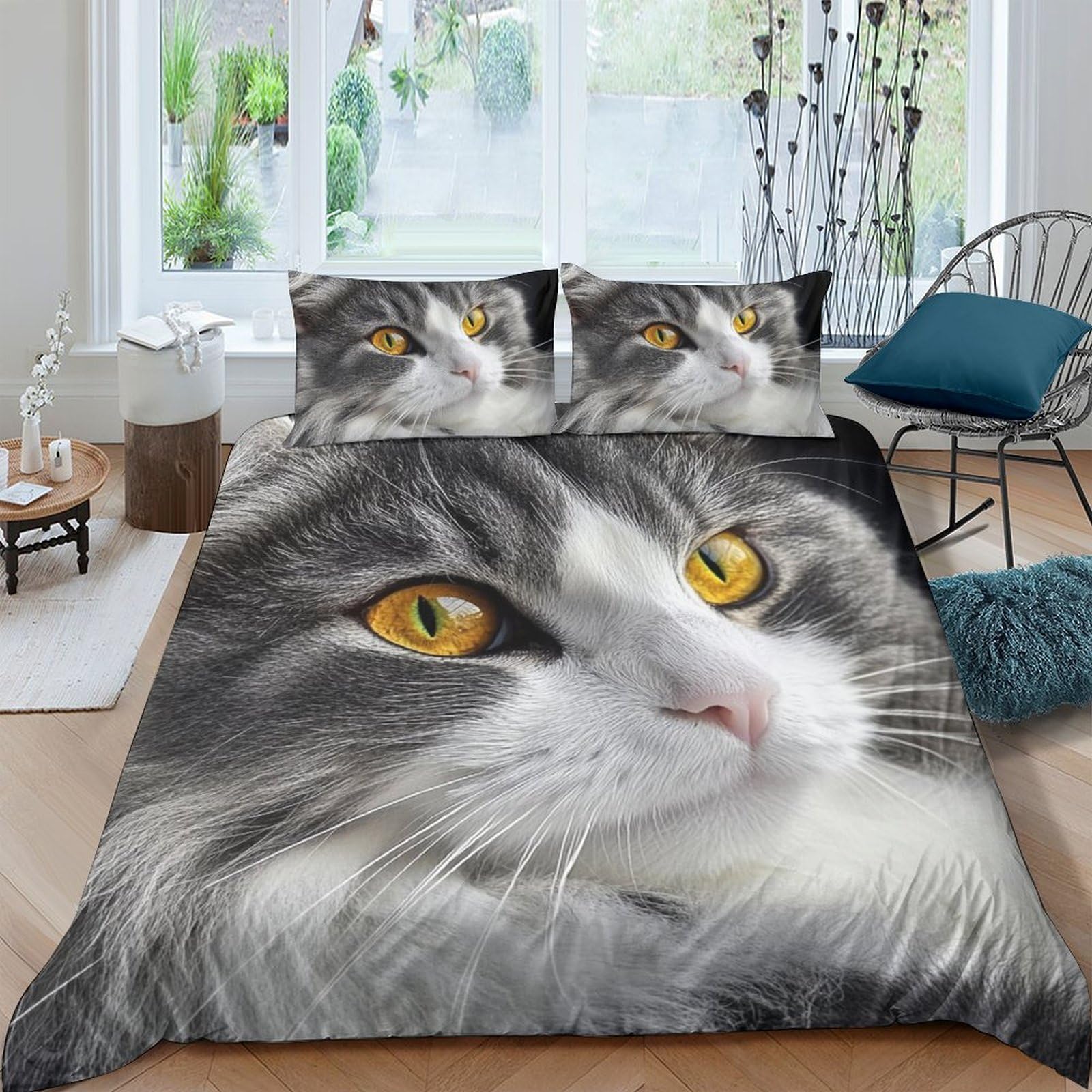 Ctjqhvkz Style-10 3D Printed Realistic Cat Face Fitted Sheet Microfiber Grey Yellow Eyes Bed Cover For Bedroom Guest Room Decor Single（135X200cm）