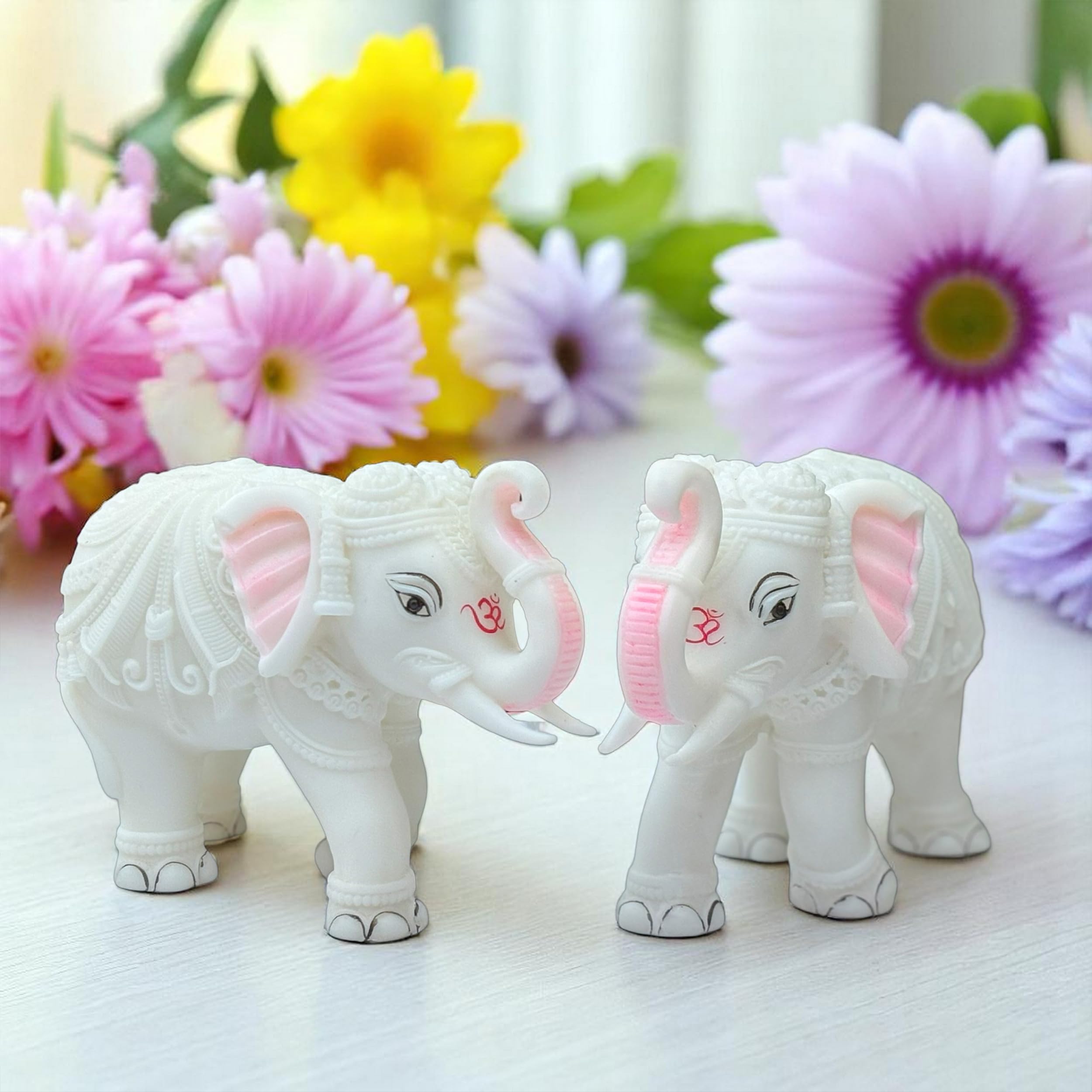 White Marble Elephant Statue Pair (3x4 Inches), Trunk Up Decorative Elephant Figurine for Home Entrance, Living Room & Office, Vastu Feng Shui Diwali, Prosperity Gift-image-4
