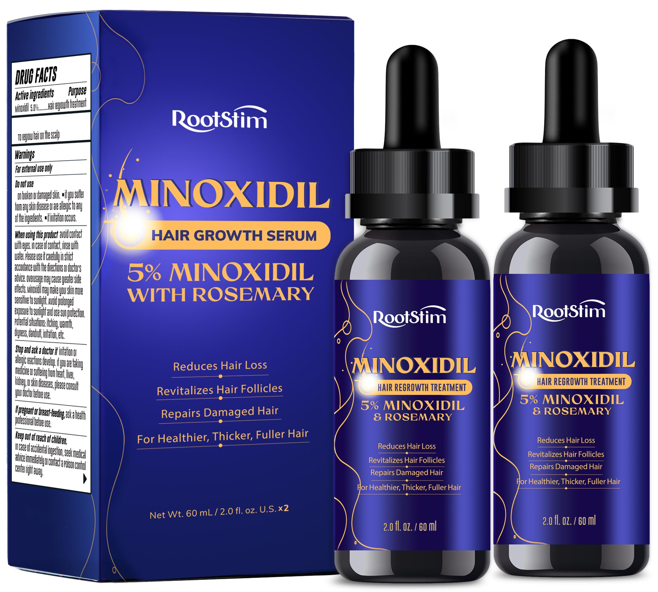 5% Minoxidil Hair Growth for Men and Women: 2-Pack Extra Strength Minoxidil Hair Loss Treatment Serum with Rosemary for Faster Stronger Thicker Hair Growth - 60ML Each