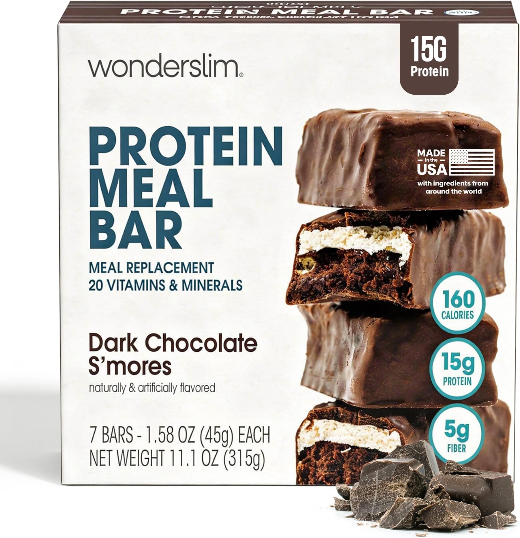 WonderSlim Meal Replacement Protein Bar, Dark Chocolate S'mores, 15g Protein, 20 Vitamins & Minerals (7ct)