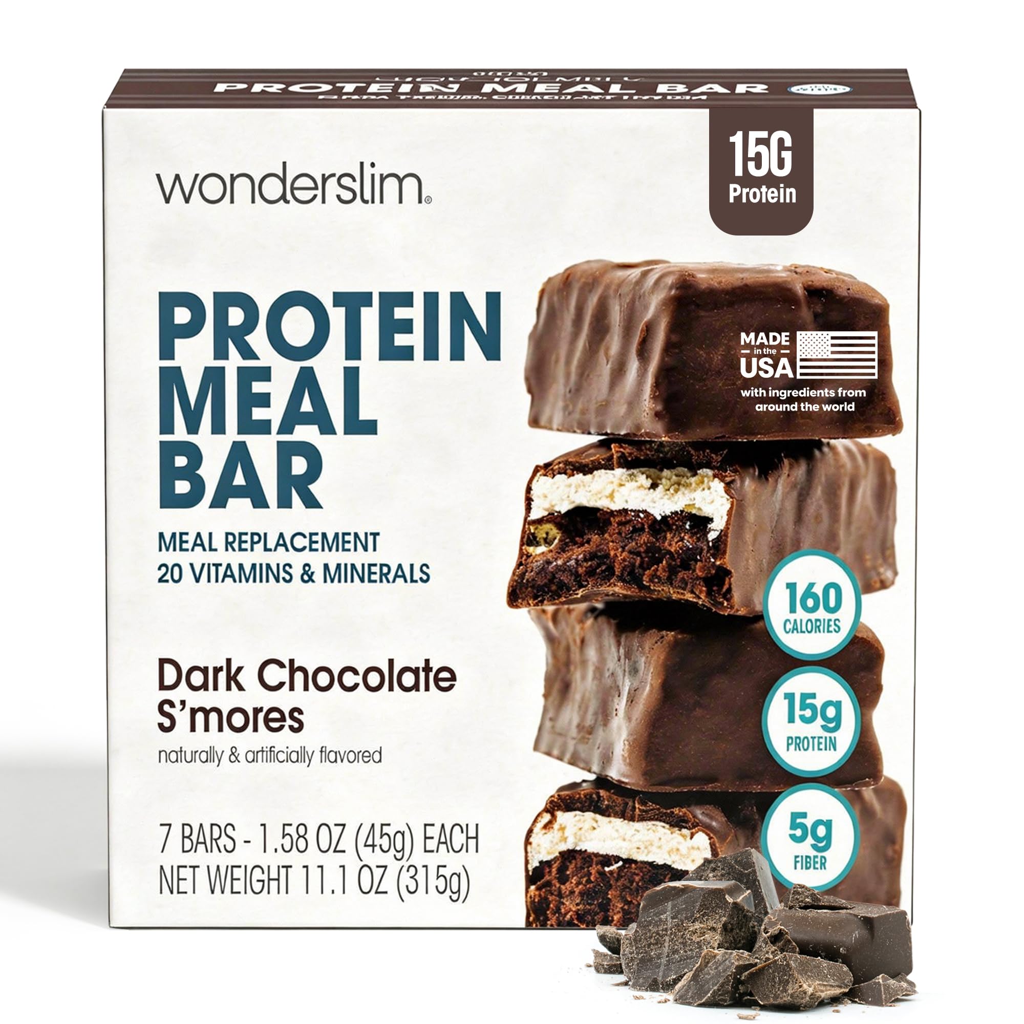 Wonderslim Meal Replacement Protein Bars – 7 Count (Dark Chocolate S'mores) | 15g Protein, 5g Fiber, 20 Vitamins & Minerals – 160 Calories, Low Carb Meal Bar – Made in the USA – Individually Wrapped