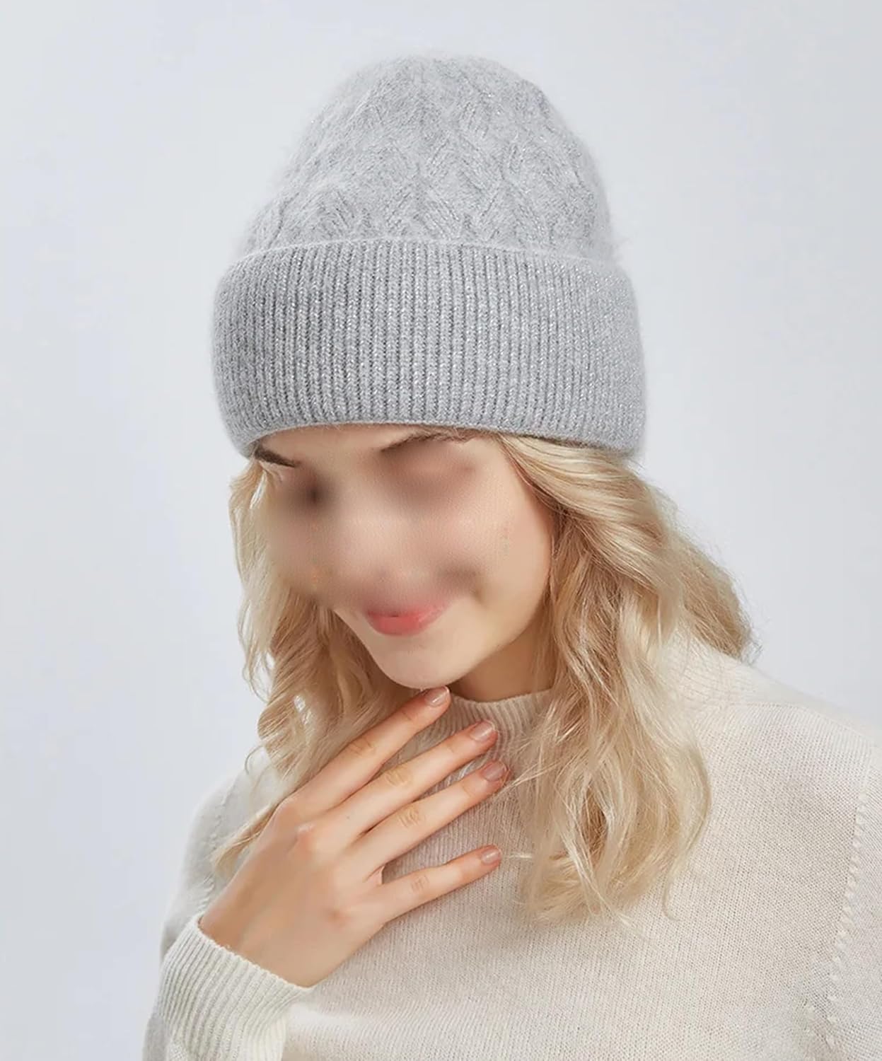Thick Warm Cable Knit Cuffed Beanie Hat for Women Casual Double Layered Ski Skull Cap Solid Color Slouchy Cold Weather Hat