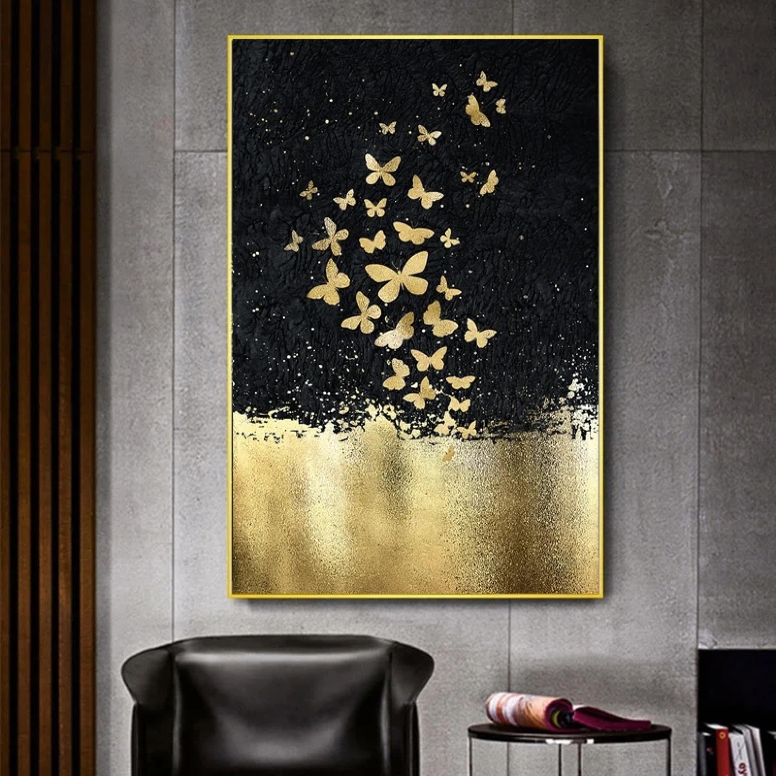 Arte abstracto mariposa dorada pintura al óleo sobre lienzo arte de pared carteles impresiones modulares para sala de estar decoración de pared del hogar 30 x 45 cm marco interno