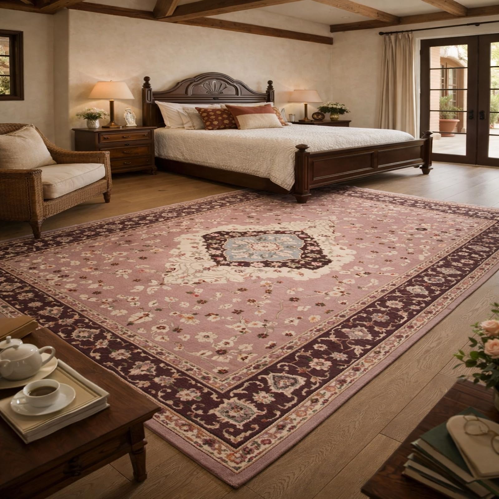 Tapis beige et rouge 150x150 cm à motifs floraux orientaux lavable