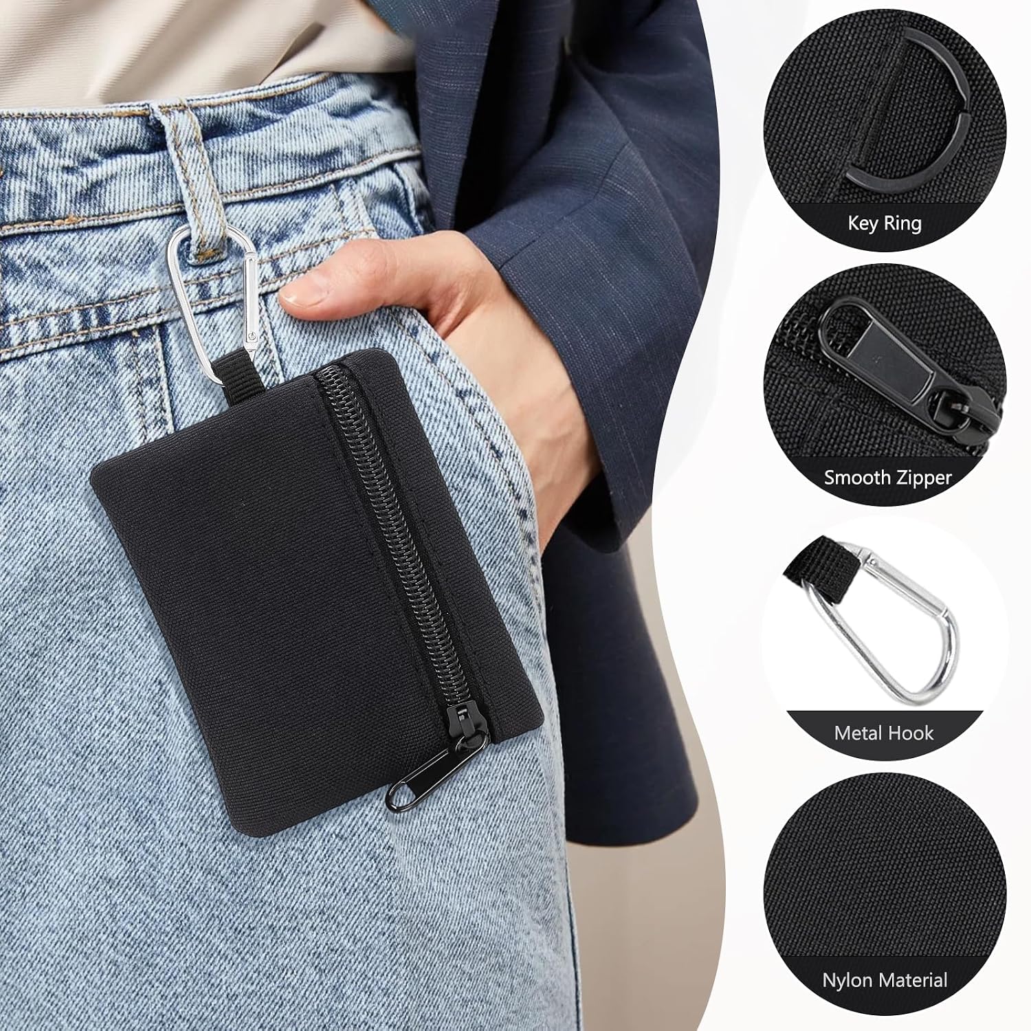 TENOC Small Coin Purse Tactical Keychain Pouch, Portable Nylon Zip Change Purse with Carabiner D Ring, Mini Wallet Pouch Bag for Men Women Outdoor Hiking Fishing Everyday Carry, Black