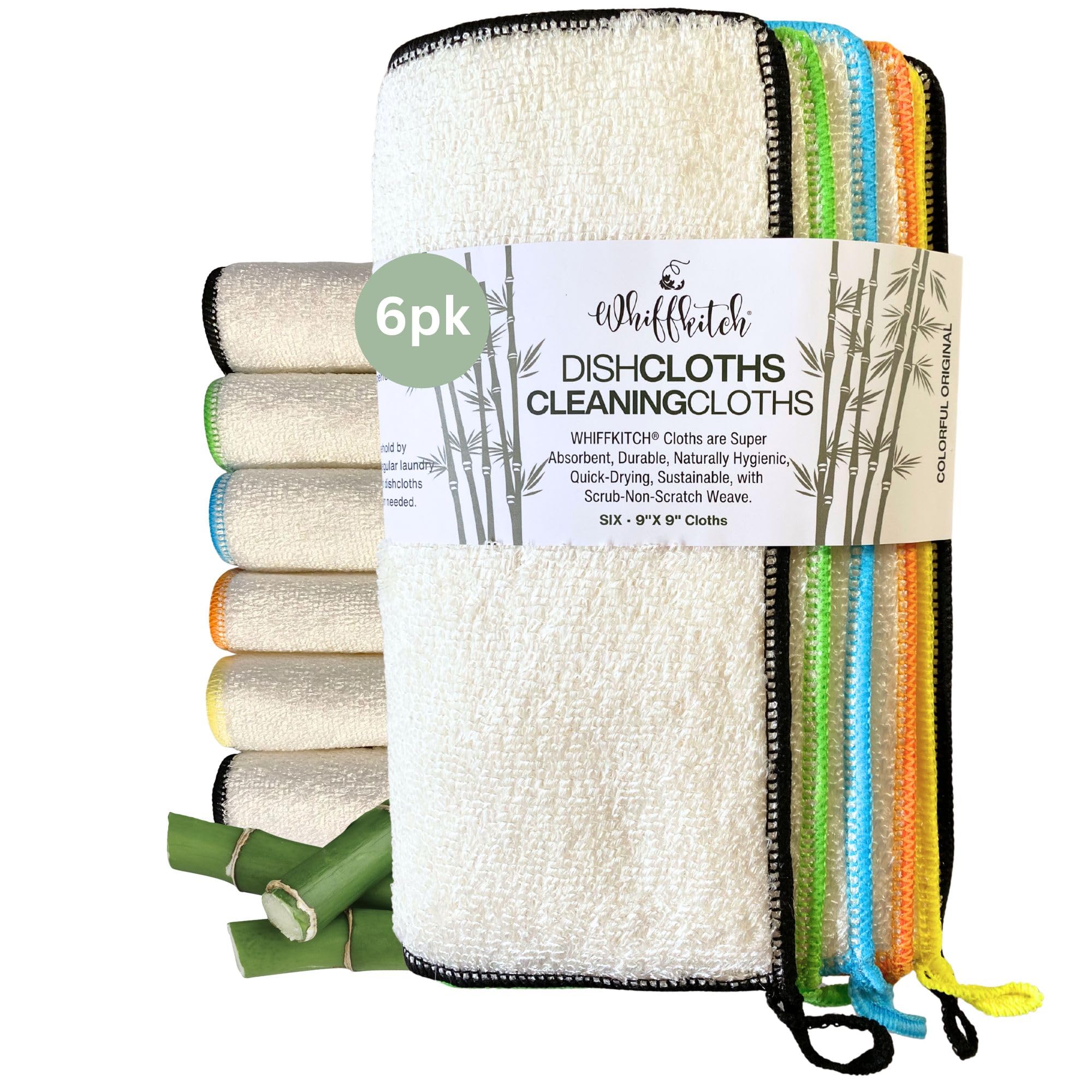 Whiffkitch Dishcloths Dishrags for Kitchen and Household Cleaning 9x9 6-Pack Non-Scratch 2-Ply Weave, Bamboo-Rayon Fabric, Absorbent, Washable, Long-Lasting
