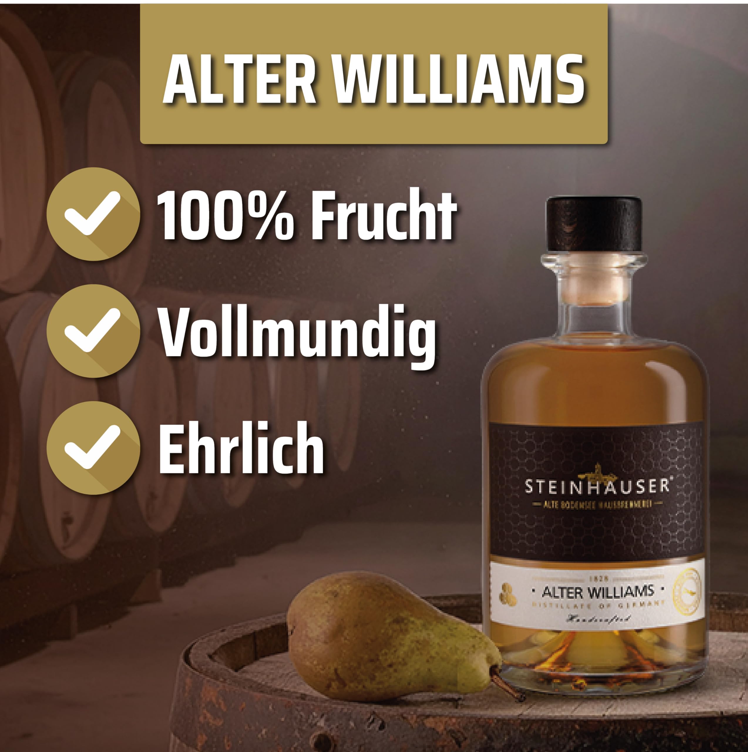 Steinhauser Bodensee Alter Williams 500ml 40% vol. | im Maulbeerfass gereifter Williams Birnenbrand | Rarität vom Bodensee