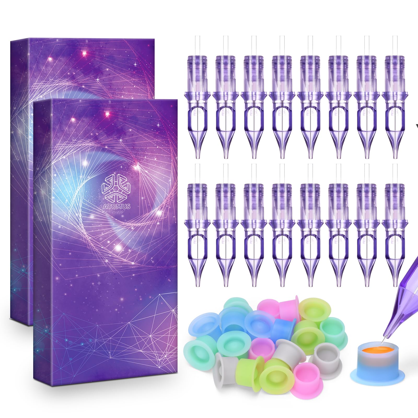 ATOMUS 20pcs Purple Tattoo Cartridge Needles 1003RL Tattoo Needles for Tattoo Gun Pen Liner Pattern Permanent Eyebrow with Disposable 20pcs Silicone Ink Cups for Pen Rotary Machine Tattoo Supplies