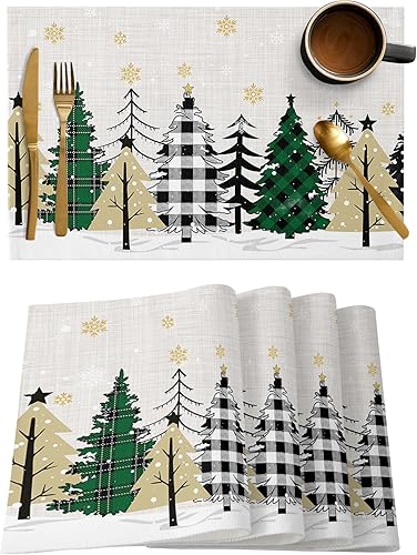 Juego de 6 manteles individuales de Navidad a cuadros con diseño de árbol de Navidad, diseño de copo de nieve dorado, lavable, para comedor, cocina,