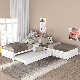 Storage Daybed with Trundle, Twin Size L-Shaped Platform Bed with Convertible Trundle, Two Drawers and Built-in Desk for Living Room, Bedroom, Guest Room, No Box Spring Needed (White)