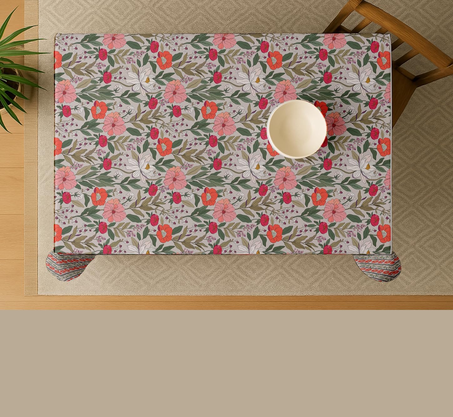 Floral Print Tablecloth - White Cotton Twill Fabric, 54X54 Inch Square Dining Table Cover for 4 Seater, Durable, Machine Washable, Everyday Dining, Matching Napkins & Runners Available