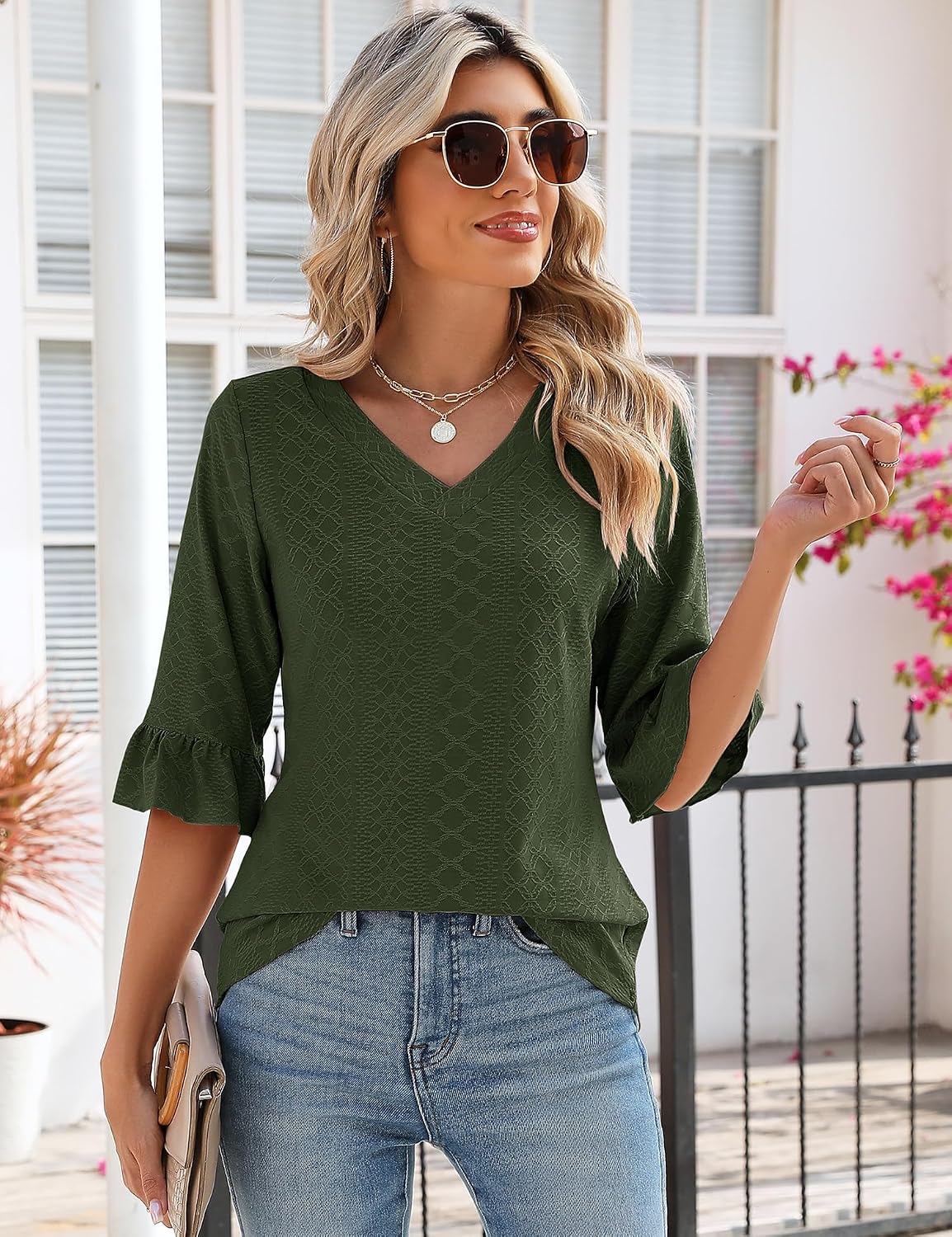 Condition photo showing New/Like New for lomon womens 3/4 sleeve tops summer loose v-neck shirts dressy casual ruffle sleeve tunic blouses army green small
