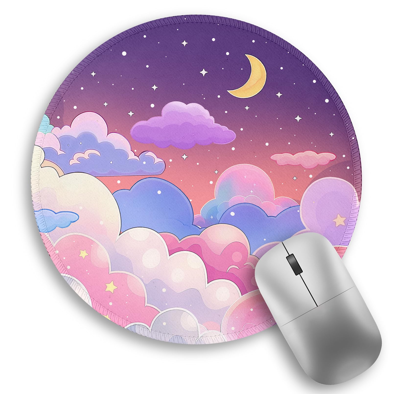Kawaii Moon Cloud Star Sky Night Mouse Pad, Small Round Mouse Pads for Desk, Mini Travel Mousepad for Wireless Computer Laptop, Pastel Purple Lilac Violet Office Desk Accessories