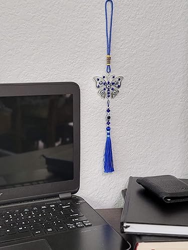 Miniatura 6 de LUCKBOOSTIUM Dijes de mariposa con diseño de ojo turco central en piedra de cristal azul con borlas para buena suerte y protección para el espejo