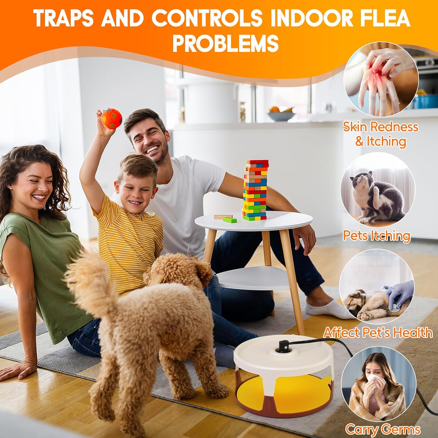 Flea Traps for Home Indoor, 2 Pack Flea Killer with 8 Sticky Pads & 8 Light Bulbs, Non-Toxic Pest Control for Fleas, Bed Bugs, Gnats, Spiders - Safe for Kids Pets