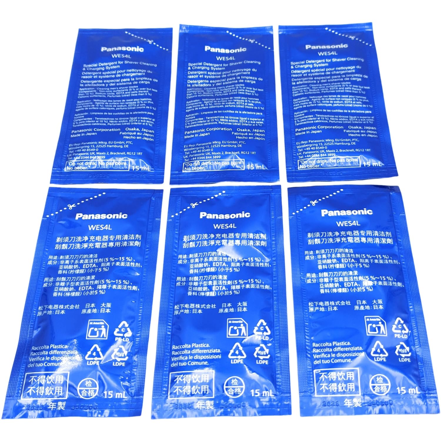 Lot de 2 flacons de liquide de nettoyage concentré compatible avec Panasonic Clean and Charge Station WES4L03-803 (6 x 15 ml) sacs de concentré ES-LS9A ES-LV9Q ES-LV9N ES-LV97 ES-LV95