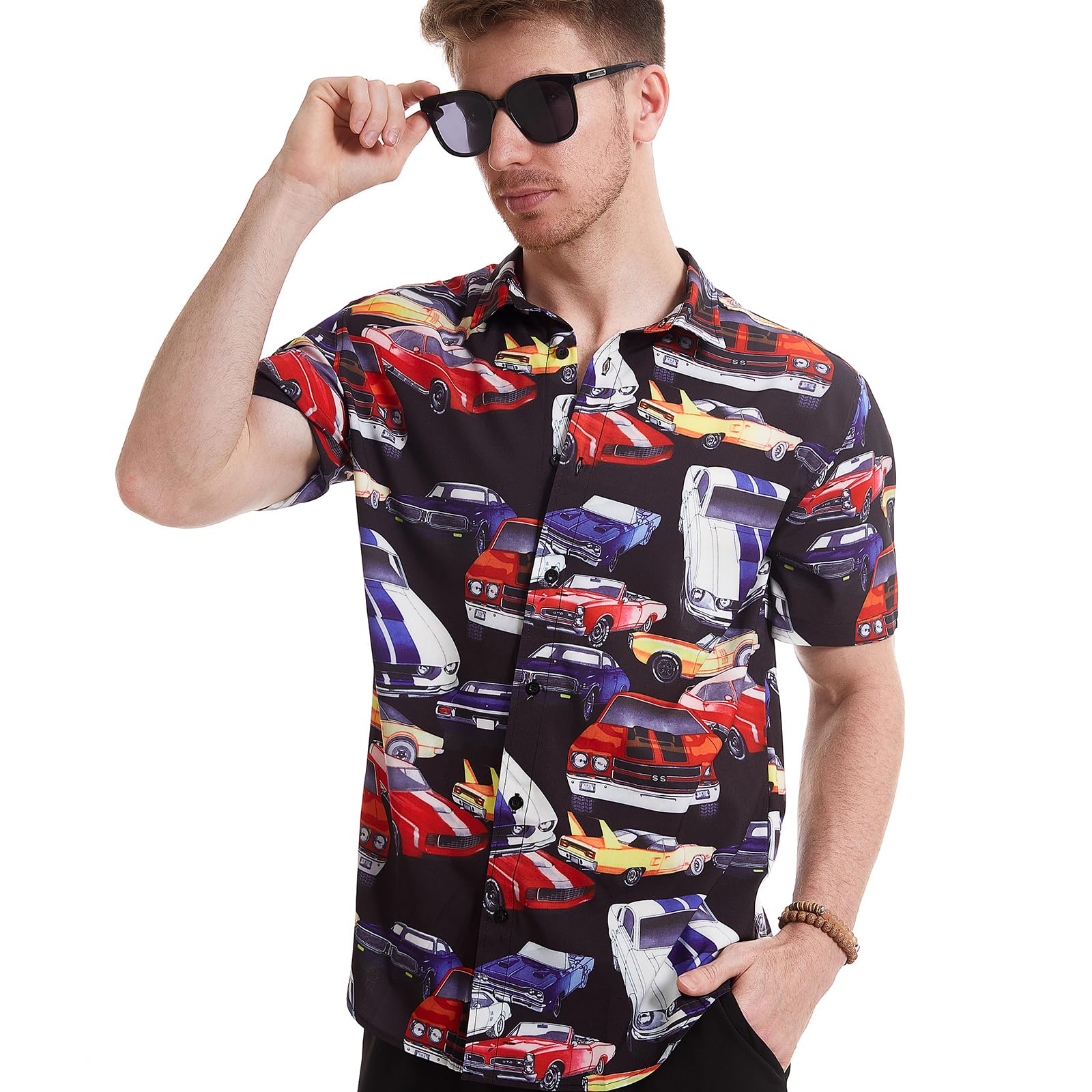 Men's Food Cars Print Shirts Hawaiian Short Sleeve Casual Tropical Funky Button Down Shirt