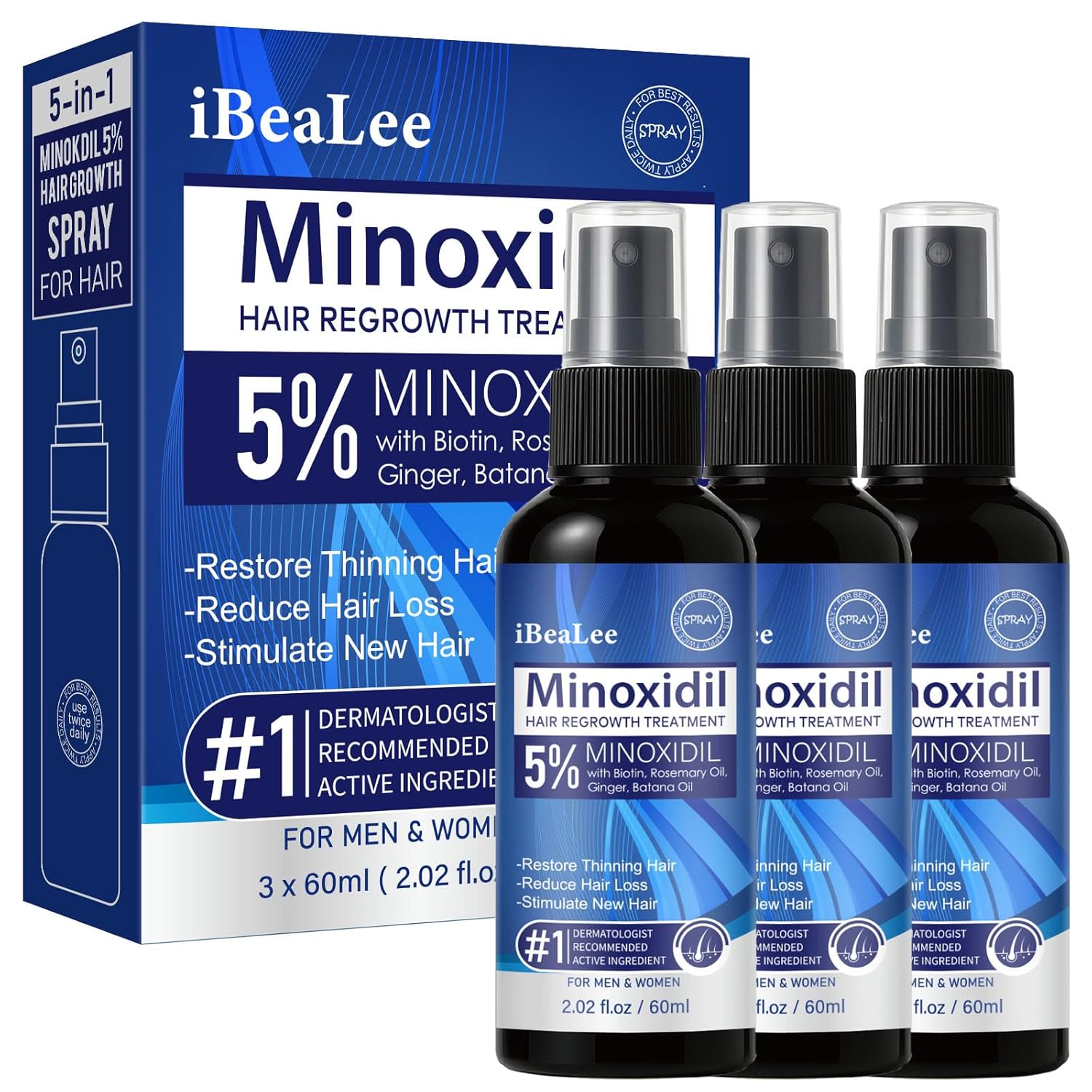 5% Minoxidil for Men and Women Hair Growth, Topical Minoxidil Spray with Biotin Batana and Rosemary, Extra Strength Hair Loss Treatment Serum for Stronger Thicker Hair Beard Regrowth, 3 Bottles