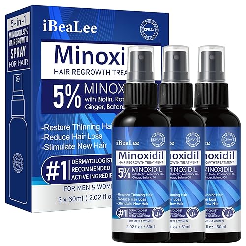 5% Minoxidil for Men and Women Hair Growth, Topical Minoxidil Spray with Biotin Batana and Rosemary, Extra Strength Hair Loss Treatment Serum for Stronger Thicker Hair Beard Regrowth, 3 Bottles