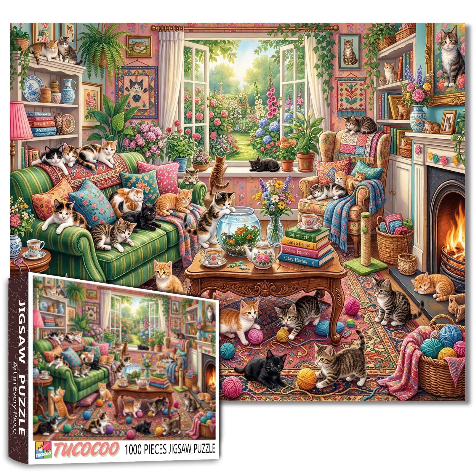 Cat Puzzle 1000 Pieces for Adults Cosy Living Room with Cute Kittens Colourful Garden View Jigsaw Puzzle 50 x 70 cm Challenging Puzzles Gift for Animal Lovers Relaxing — image 1