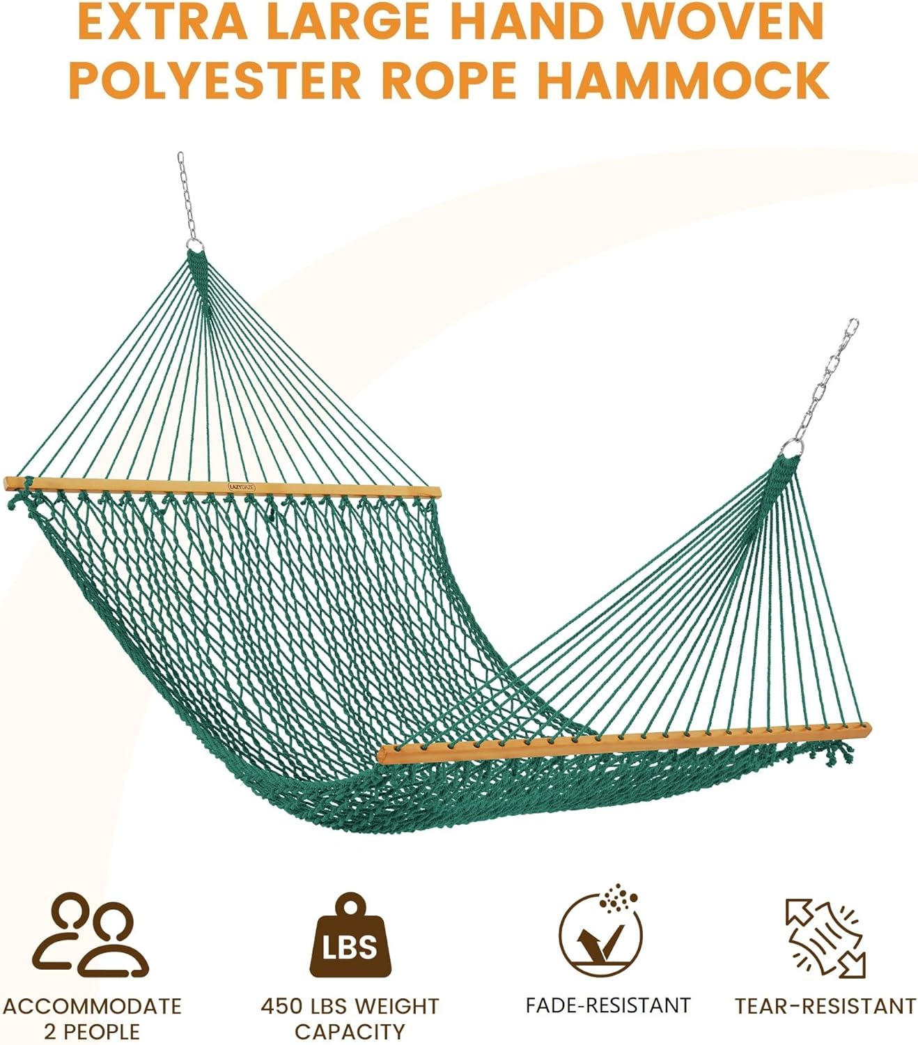 Lazy Daze Hammocks 13-FT Polyester Rope Hammock, Double 2 Person Traditional Hand Woven Outdoor Hammock with Spreader Bar, Carabiners, Tree Straps, Chains for Outside Patio- Max 450 Lbs, Green