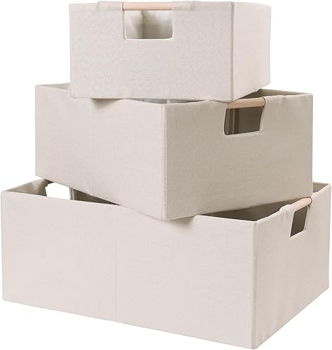 Miniatura 6 de ANMINY Juego de 2 contenedores de almacenamiento grandes plegables de tela de lino de algodón con asas de madera, cubos decorativos para estantes,