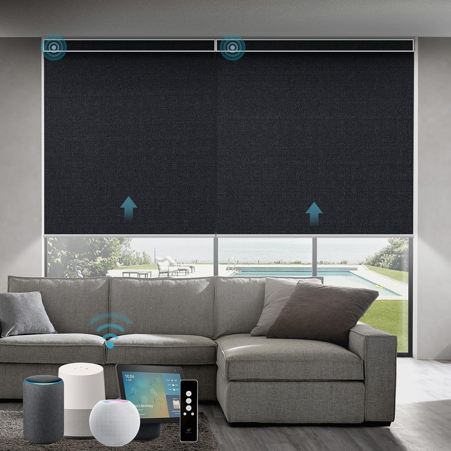 SmartWings Motorized Blackout Roller Blinds Work with Matter Homekit Z-Wave Alexa, Smart Window Shades for Bedroom Windows, Cordless Remote Control Optional Customized 16"-110" W, Eclipse Onyx Black