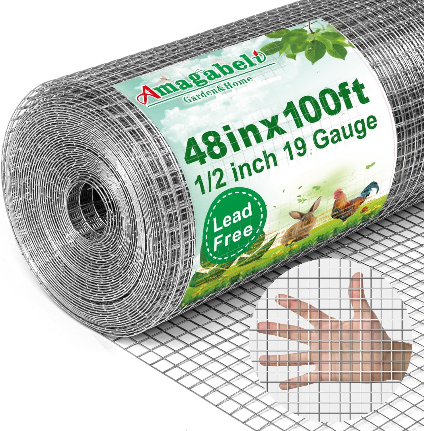 AMAGABELI GARDEN & HOME Hardware Cloth 1/2 Inch 48inch x 100ft 19 Gauge Chicken Wire Fence Weld Wire Fence Mesh Roll Garden Fencing Border Plant Support Poultry Netting Snake Fence Gopher Wire