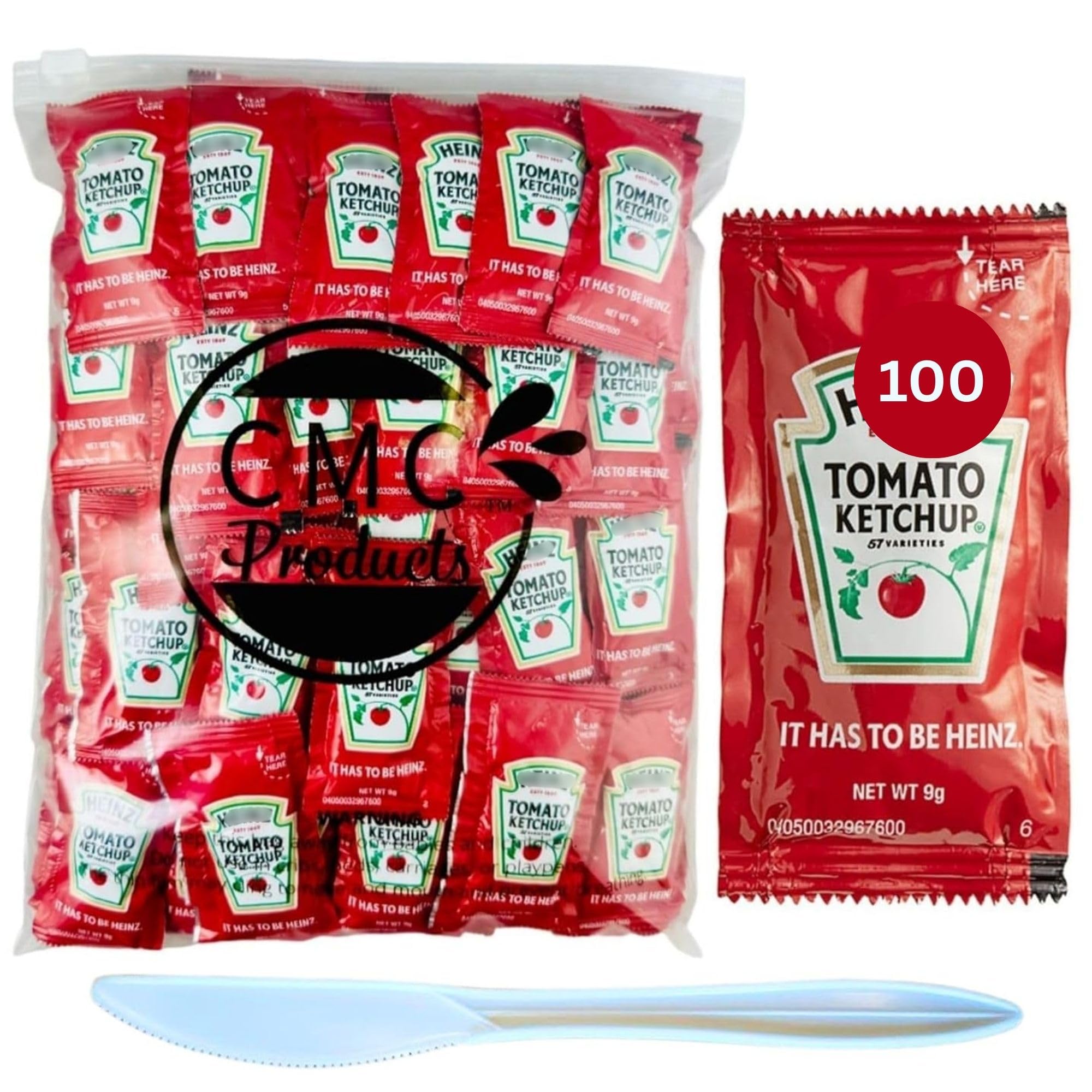 CMC Products Slide Seal Bag of 100 Heinz Ketchup Condiment Packs Condiment Packs - Ketchup w/ Plastic Food Bag & Slide Seal β Perfect for Boxed Lunches, BBQ, Picnics, and Parties (Ketchup, 100 Count)