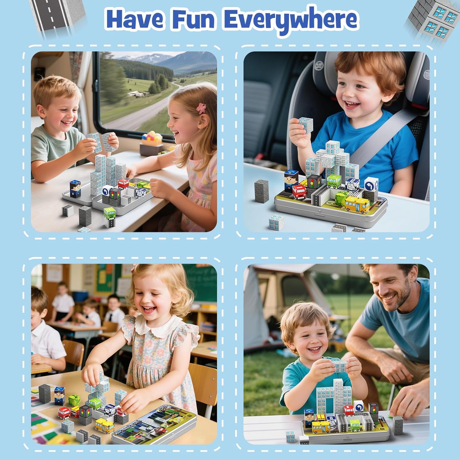 City Traffic Magnetic Blocks Set, 35PCS STEM Toys for Kids Ages 3-8, Travel Building Toys with Carrying Case, Child-Safe with Fully Encased Magnets, Car/Airplane Toddler Toy Birthday