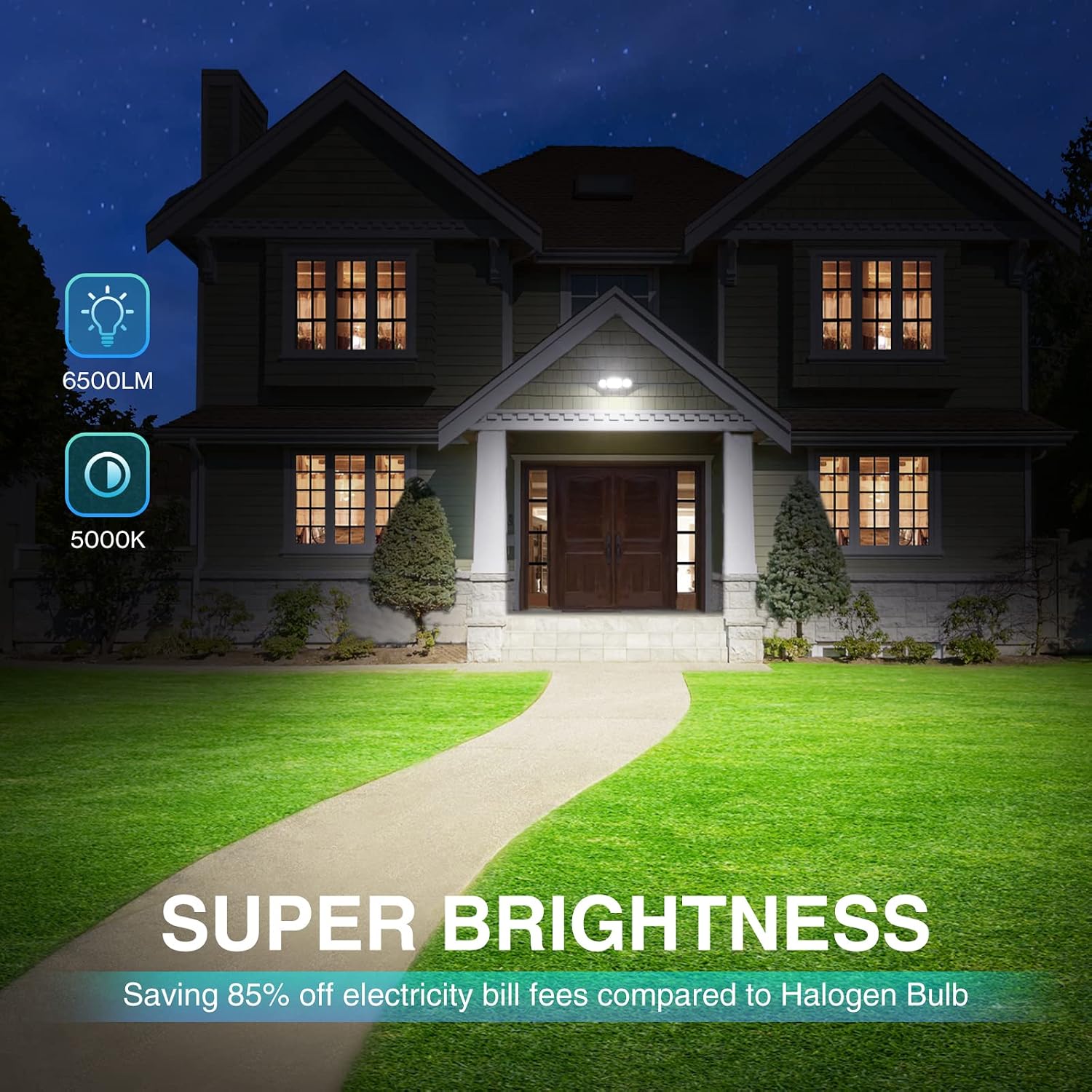Olafus 2 Pack 55W LED Flood Light Outdoor with Bracket, 3 Head 5000LM Bright Security Lights, 6500K Exterior Flood Light, IP65 Waterproof Wall Mount Floodlights for Garage, Eave, Garden, Patio, Porch