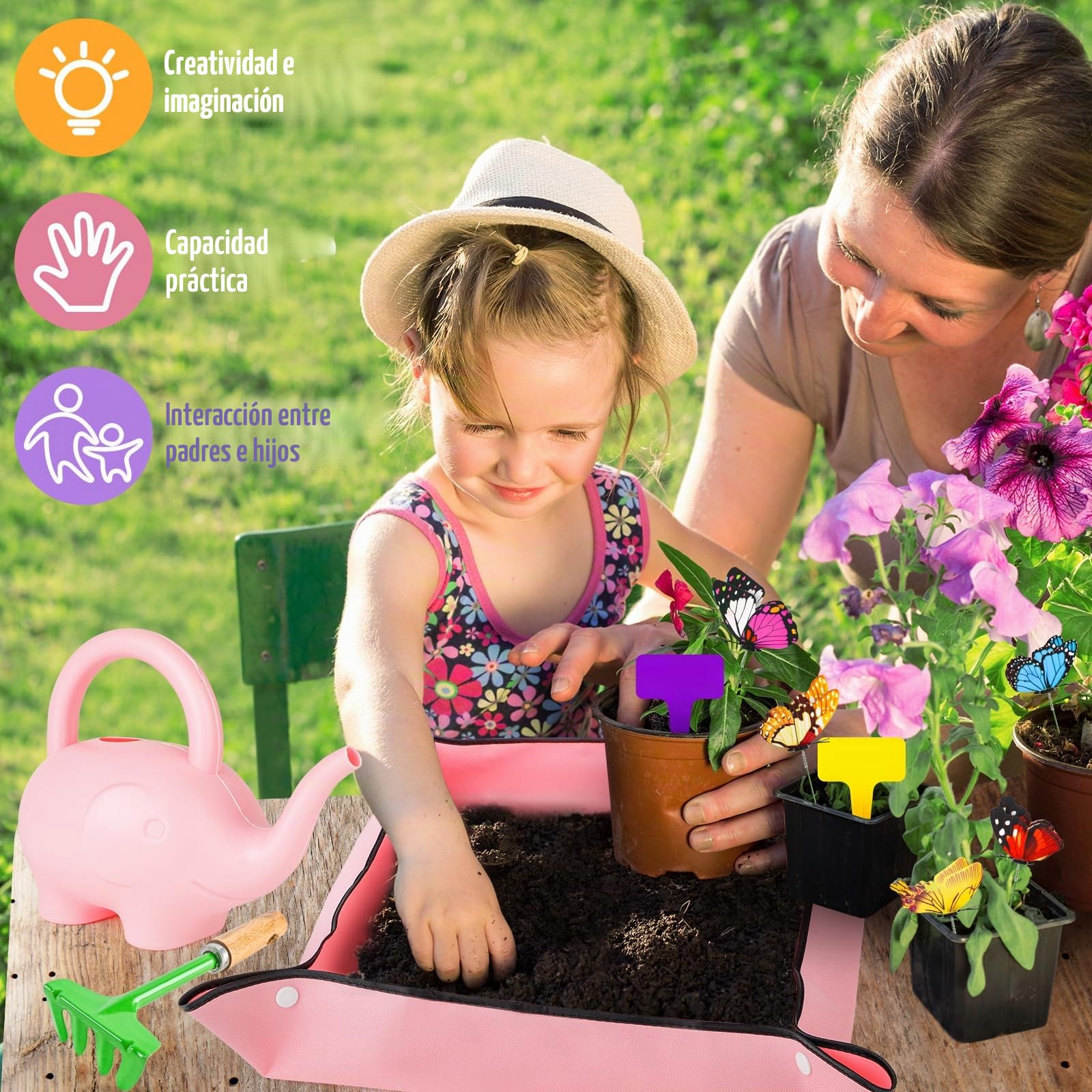deAO 28 Piezas Kit de Jardinería para Niños, Incluye Bolsa, Regadera, Pala, Rastrillo, Guantes, Delantal, Juguetes para Plantar, Rosa