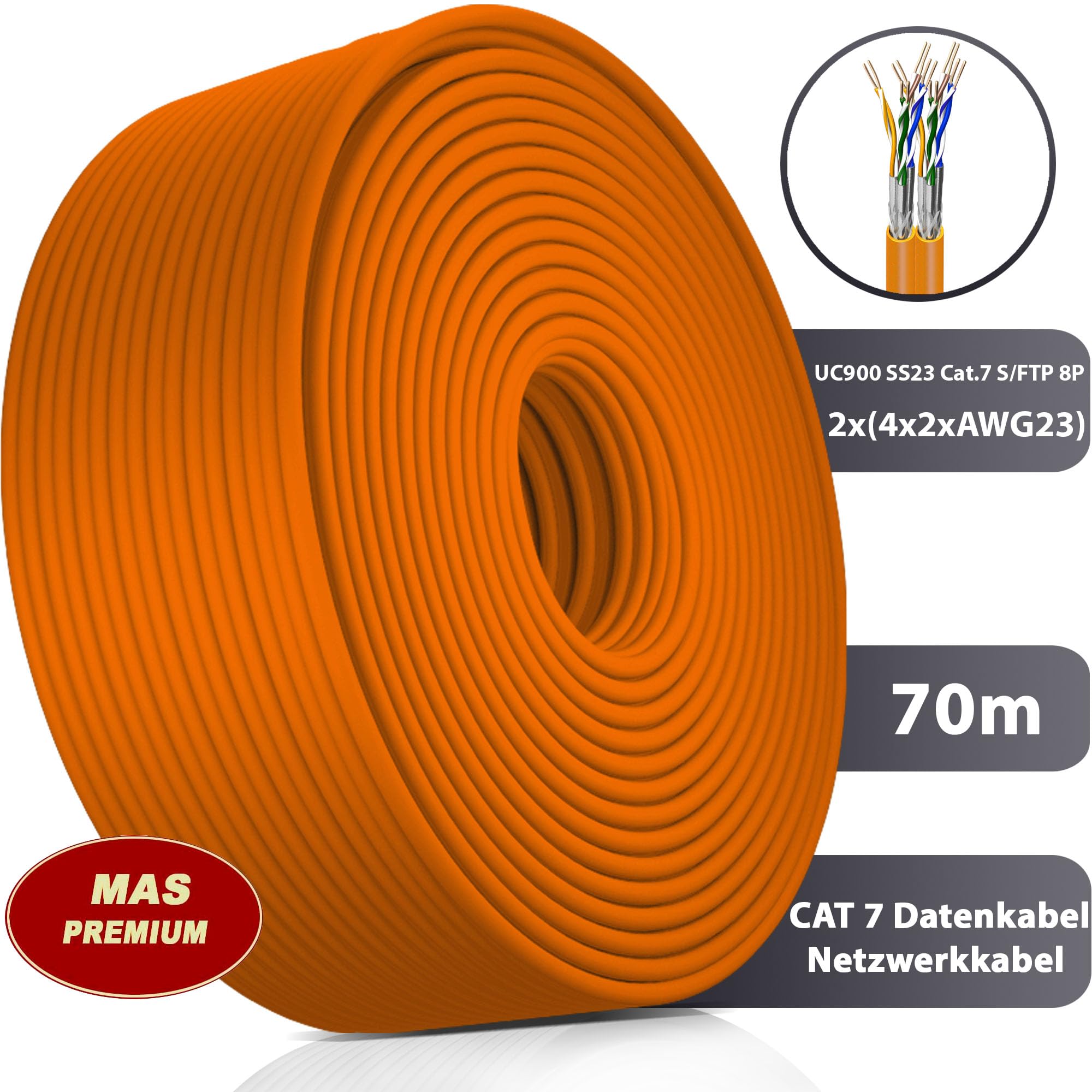 MAS Premium Cavo dati CAT7 da 10 m a 100 m, cavo di rete duplex AWG23 8P UC900 SS23 1000 MHz senza alogeni, cavo di comunicazione, cavo LAN, 70 m