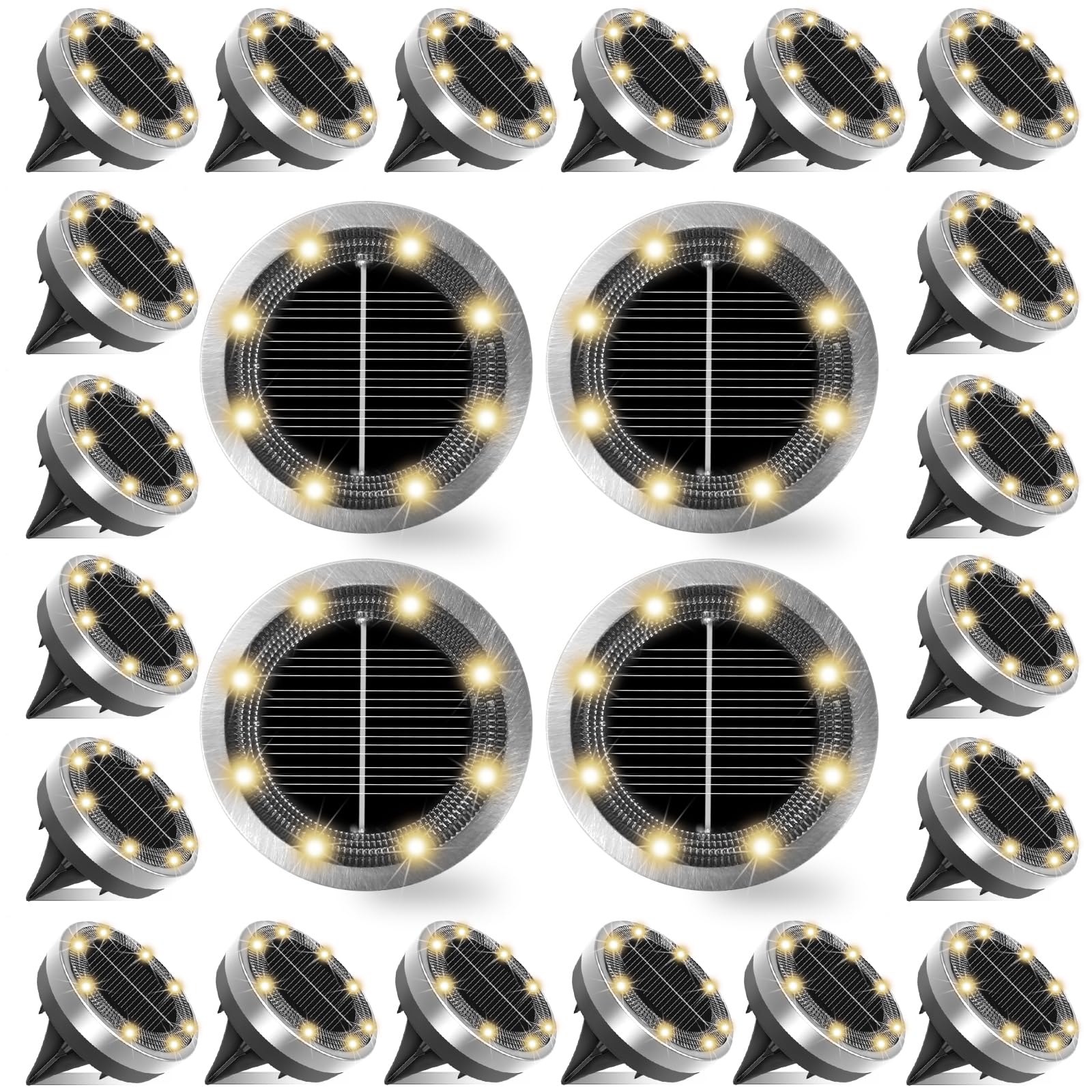 Klein Solar Bodenleuchten Aussen, 24 Stück 8 LED Solarleuchten für Außen, Solarlampen für Außen, Led Solar Gartenleuchten, Warmweiß, IP65 Wasserdicht, Edelstahl,Geeignet für Rasen, Gehweg, Terrasse
