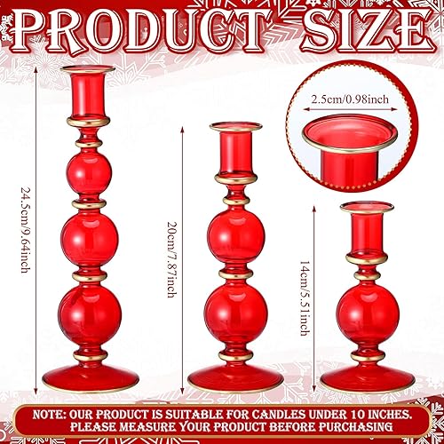 Miniatura 2 de Patelai Juego de 3 portavelas de cristal rojo, transparente, 3 tamaños, candelabros cónicos rojos con forma esférica, soporte para velas de mesa de