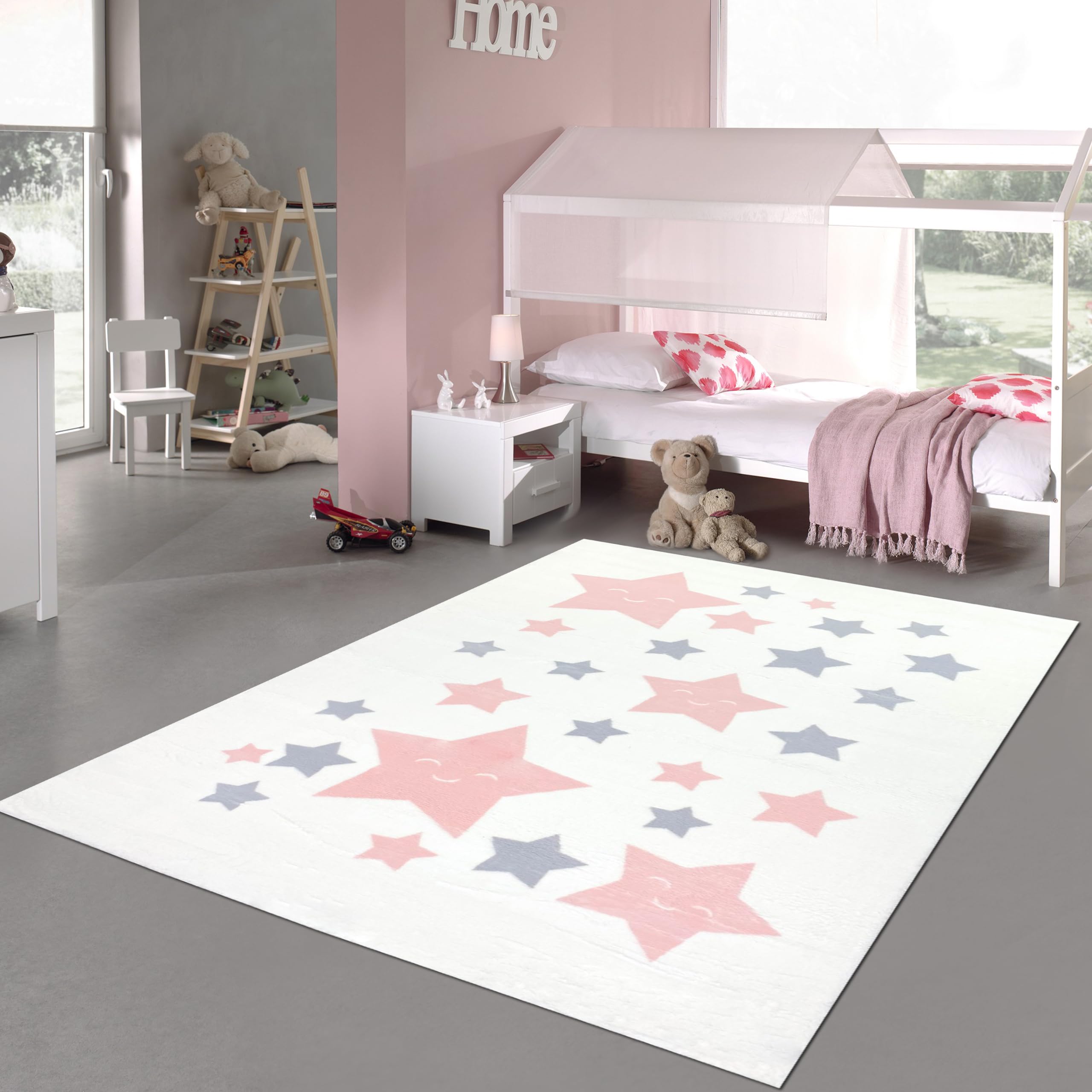 Teppich-Traum Alfombra Playroom Alfombra Infantil Estrellas Blandas en Rosa, Gris Blanco 120 x 170 cm