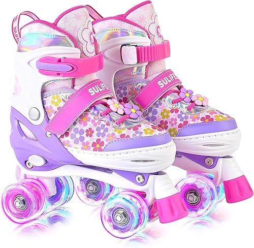 Miniatura 21 de SULIFEEL - Patines infantiles con luz ajustable y diseño de unicornio y arcoíris, tamaño 4 para niños y niñas b púrpura