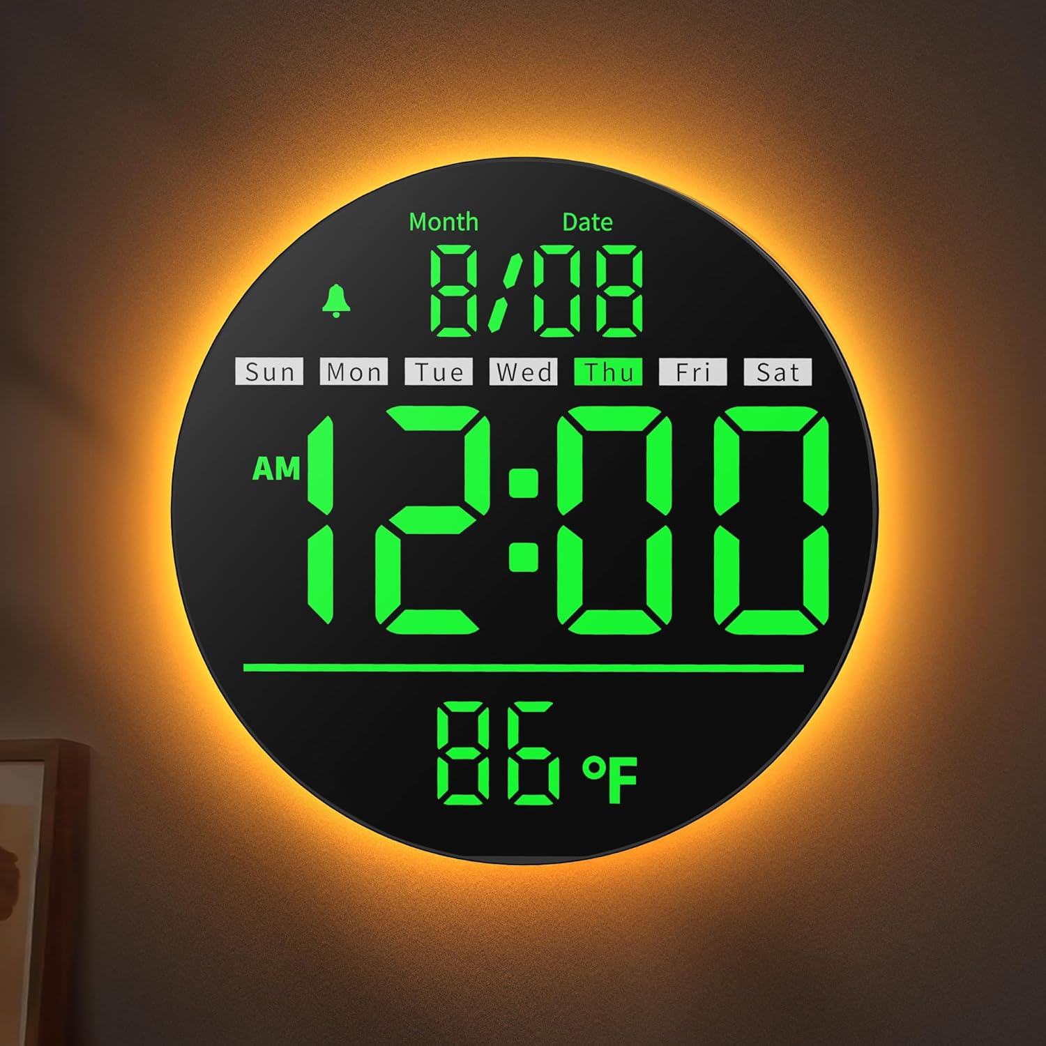 8in Round Digital Wall Clock, Large LED Display, Auto DST, Temperature, Alarm Clocks for Living Room, Bedroom, Office, Classroom, Gym Countdown Timer