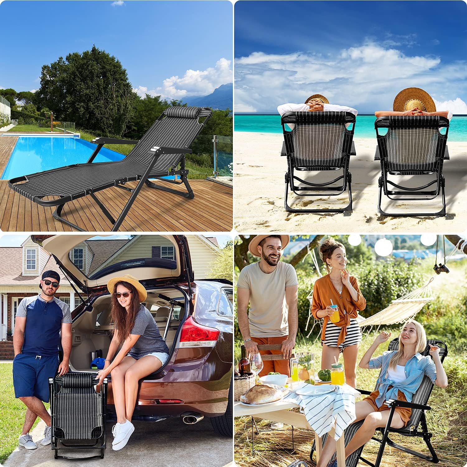 Zero Gravity Recliner Outdoor Folding Lounge Chairs Adjustable Patio Chairs Beach Chairs with Headrest Portable Camping Flat Recliner Lawn Chairs Nap Chairs (Black Straight Bars) : Patio, Lawn & Garden