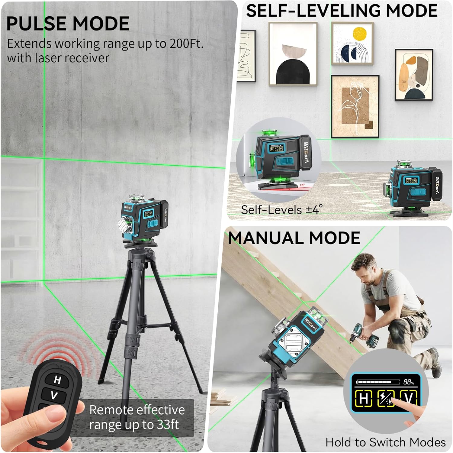 Laser Level with Tripod, 4x360° Self Leveling ±4° Laser Level, Remote Control 4D Green 16 Line Laser Leveler Tool for Woodworking&Renovation, with 2x4800mAh Li-ion Batteries&Hard Carry Case