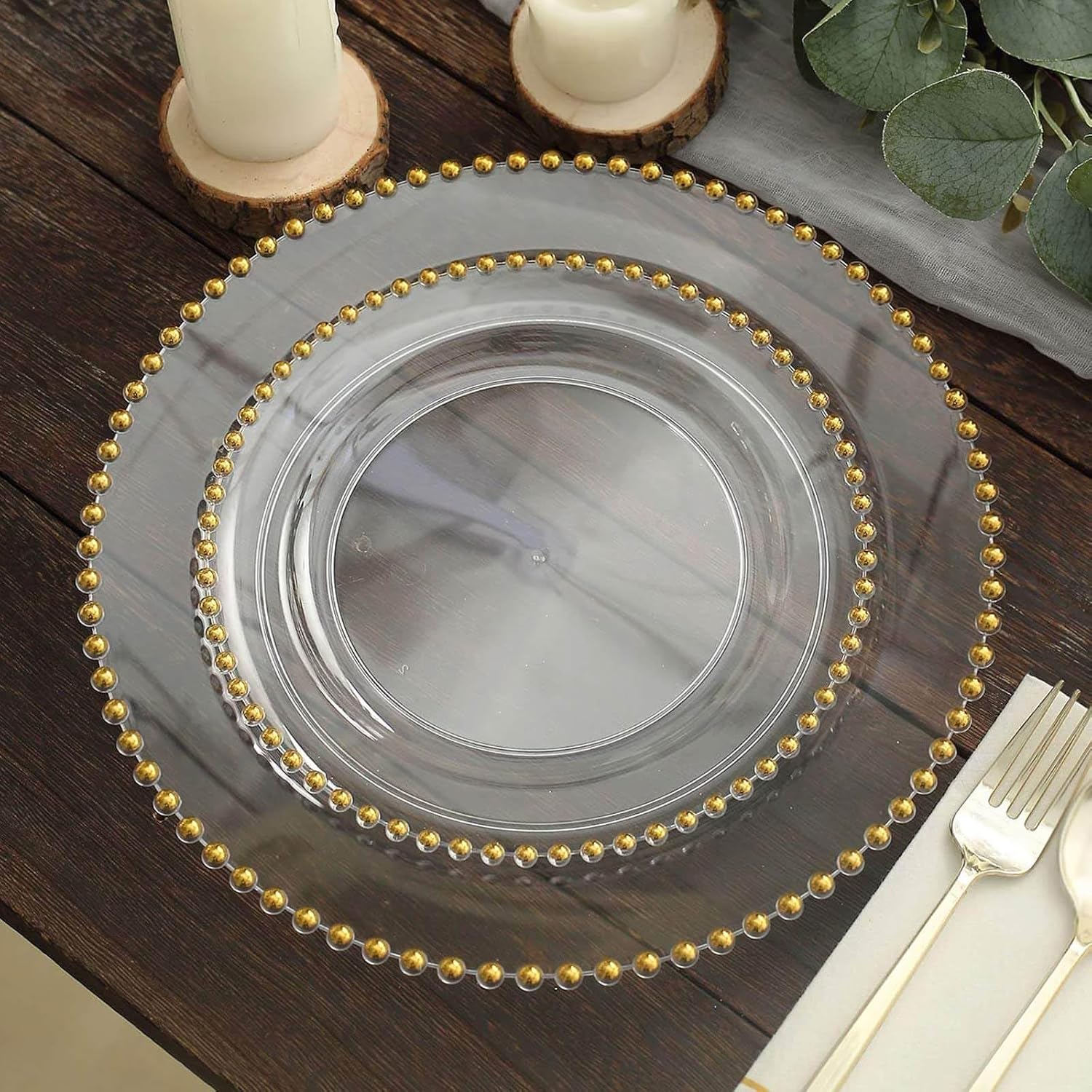 Efavormart 10 Pack | 8" Clear/Gold Beaded Rim Plastic Dinner Plates, Disposable Round Party Plates