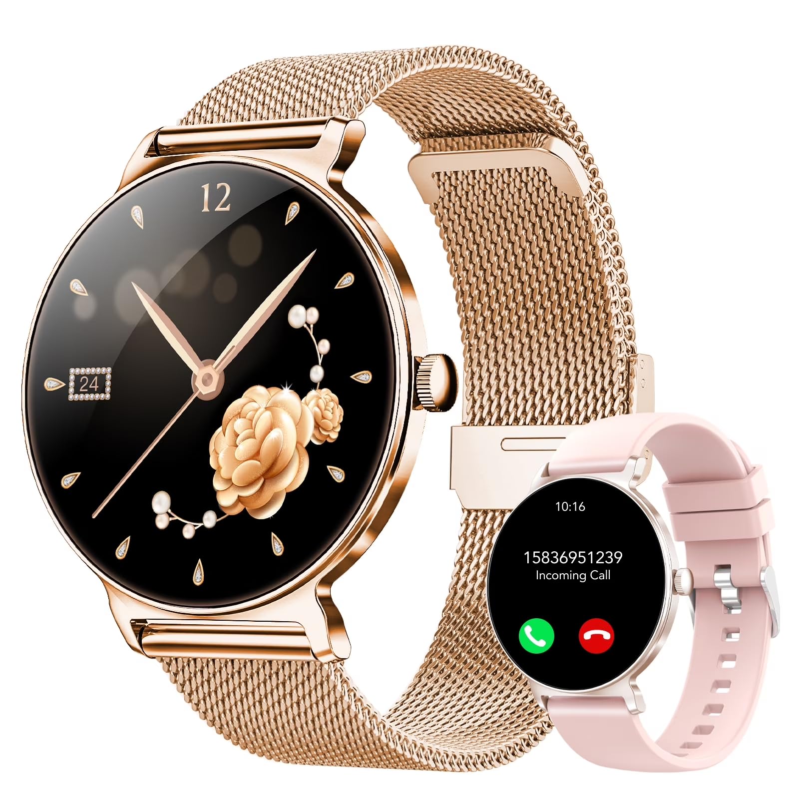 taopodo Orologio Smartwatch Donna, Schermo Rotondo AMOLED 1,27", Chiamate Bluetooth, Monitoraggio Battito e Sonno Smart Watch Donna, 120+ Modalità Sportive, Impermeabilità IP68 (Oro Rosa)