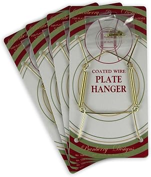 Brass Vinyl Coated Plate Hangers for Wall Display, 5 to 7 Inch Plate Holder Hooks, Set of 4 with Hanging Hooks and Nails, Decorative Plate Hangers for Collector Plates, Small Plates, Saucers, Tiles